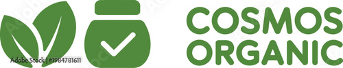 COSMOS Organic certified logo with green leaves and eco-friendly checkmark for natural product packaging