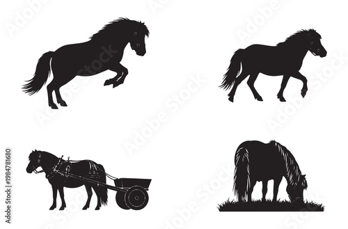 A charming collection of vector pony and horse silhouettes depicting various activities including grazing and pulling a cart, ideal for farm life and rural themes on a transparent background