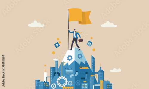 Business opportunity, achievement or new market segment, exploration concept, confidence businessman holding winner flag on top mountain peak