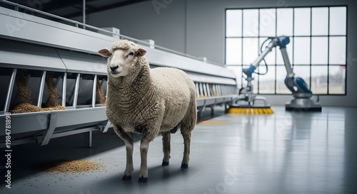 A sheep stands in a high-tech agricultural facility featuring robotic arms and automated systems
