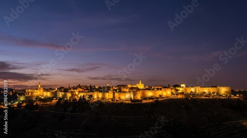 Golden Lights of Jerusalem at Dusk over Ancient City Walls and Skyline