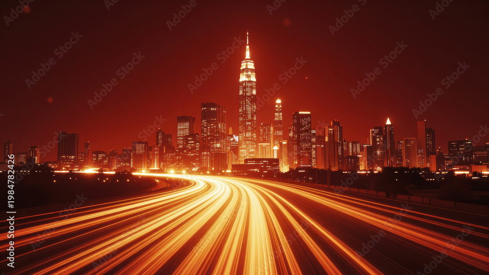 Fototapeta premium City Skyline at Night with Glowing Light Trails From Traffic