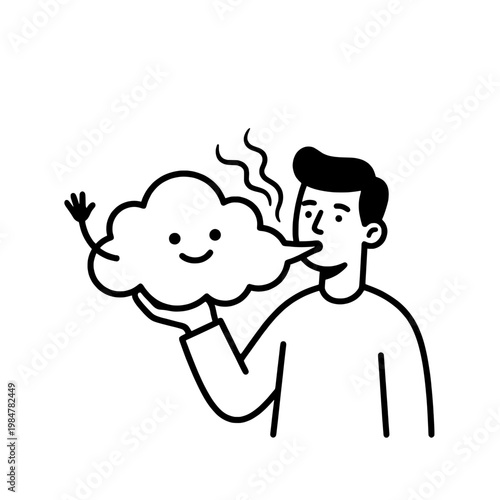 man holding happy cloud with smoke line drawing illustration vector clipart black and white
