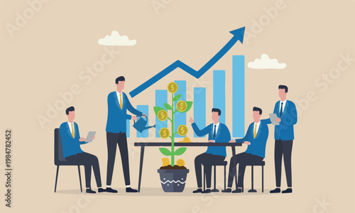 Dividends,meeting together success investing, income growth concept, businessman investor watering growth dollar money plant