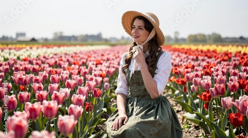 Young Woman in Rural Setting Surrounded by Colorful Tulips