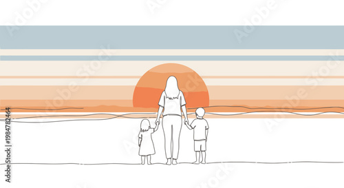 A mother and her two children stand hand in hand on a shore watching the sun setting over the ocean horizon creating warmth and beauty with gentle waves and distant sky colors