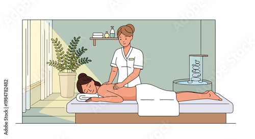 Relaxing wellness treatment with a professional therapist providing a soothing massage to a woman lying on a comfortable table in a tranquil spa room with plants and ambient lighting creating a