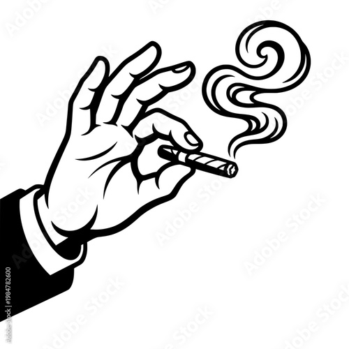 hand holding cigarette with smoke line drawing illustration vector clipart black and white
