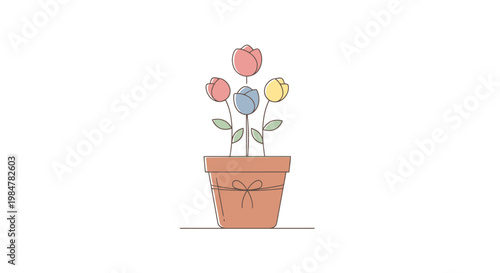 Bright colorful flowers growing in a clay pot adorned with twine representing nature s beauty and springtime renewal with a delicate artistic style ideal for decorative purposes and adding charm
