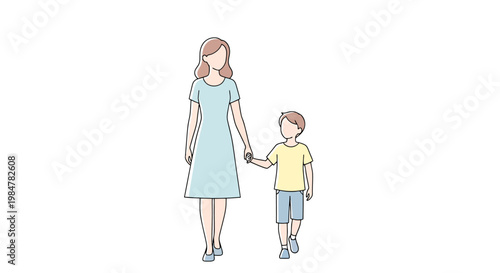 Full body depiction of a caring mother and her young son holding hands while walking together on a bright day symbolizing family unity and nurturing relationships in everyday life