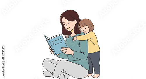 Joyful young mother sitting on floor reading book to her small child embracing from behind creating warm family moment depicting nurturing love bonding and happy childhood learning together in
