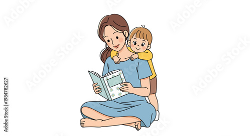 A caring mother with her young child on her back is seated on the floor engrossed in reading an open book together depicting cherished moments of family bonding and shared learning experiences
