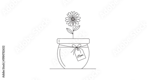 A charming linear depiction of a vibrant flowering plant being cultivated within a distinctively shaped vessel adorned with a decorative tie and a small informational tag presented against a