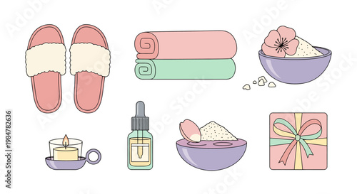 Serene Personal Care Items Including Pink Slippers Rolled Towels Essential Oil Bottle Lit Candle and Bath Salts Evoking Relaxation and Self Care for Home Spa Rituals and Wellness Concepts