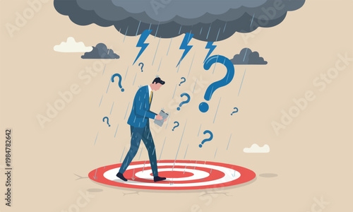 Having bad day, bullseye target work, discourage or depression, failure feeling bad or difficulty, having problem and trouble concept, depressed wet businessman walking in raining thunderstorm