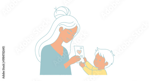 Mother and young child sharing a moment looking at a small digital device displaying a heart symbol representing connection and affection in family relationships and screen time together