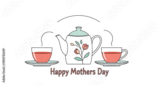 Charming ceramic teapot with floral motifs adorned with steaming cups filled with beverage centered below text message celebrating a special day dedicated to maternal warmth and affection