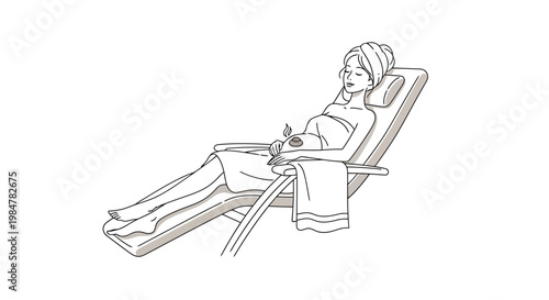 Relaxed woman wrapped in towel reclines on outdoor chair holding flower enjoying serene leisure time after spa treatment and personal care moments