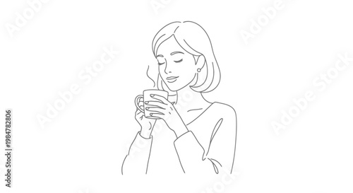 A young woman enjoys a warm beverage holding a steaming cup with a content expression her eyes gently closed portraying a moment of peaceful relaxation and quiet enjoyment during a calm day a