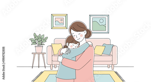 A loving mother tenderly embraces her young daughter in a warm and comforting home setting conveying deep affection and a strong familial bond between parent and child in a heartfelt moment of