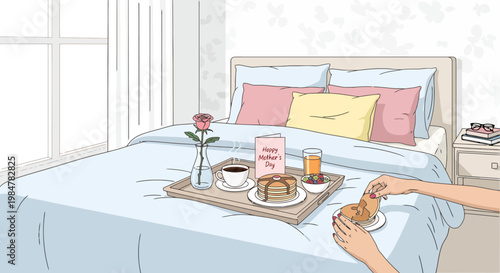 A delightful breakfast tray rests on a neatly made bed adorned with soft pastel pillows featuring a single rose in a vase a steaming cup of coffee a sweet pastry with syrup and a cheerful card