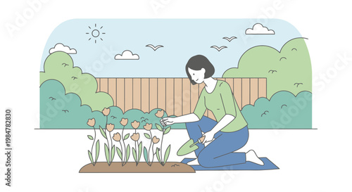 A person tending to blooming flowers in a sunlit garden with lush green foliage and a wooden fence under a bright blue sky populated by fluffy white clouds and soaring birds capturing a serene