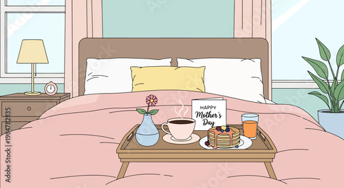 Cozy bedroom scene displaying a delicious breakfast tray with pancakes coffee and juice placed on a neatly made bed with soft pink linens and pastel walls creating a warm morning ambiance for a