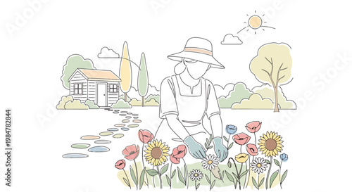 A person wearing gloves and a hat tends to blooming flowers in a garden next to a small house and a winding stone path under a cheerful sun and fluffy clouds evoking a serene rural outdoor