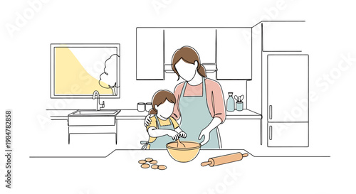 A mother and daughter collaborate together making pastry dough in a bright contemporary kitchen environment with various cooking implements and ingredients visible on the countertop enjoying a
