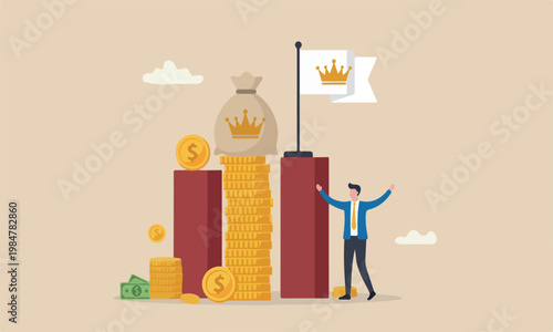 Cash is king flag pillars pillars or investor prepare cash to buy stock in economic crisis concept, stack of money dollar coins and money bag with precious king golden crown