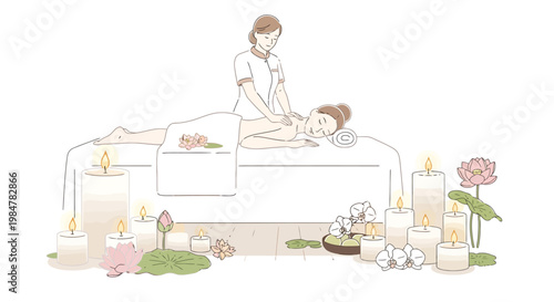 A tranquil spa scene unfolds with a person receiving a soothing massage treatment surrounded by flickering candles delicate lotus blooms and lush green leaves promoting relaxation and well being