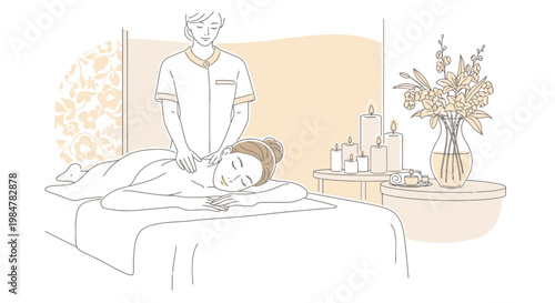 Serene person receiving a therapeutic massage treatment in a luxurious spa setting with candles and floral arrangements promoting relaxation and wellness for body and mind rejuvenation