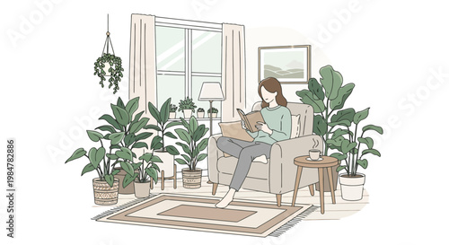 Cozy interior scene with a person relaxing in an armchair reading a book surrounded by lush green houseplants near a window with soft daylight illuminating the peaceful living space creating a