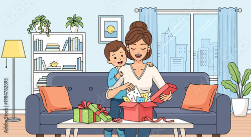 Joyful mother and son happily opening presents in a cozy living room setting surrounded by colorful gift boxes and holiday decorations creating heartwarming moments of family togetherness and