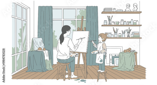 Artist and child creating art together in a brightly lit room with easels and creative supplies showing nurturing teaching moments and shared artistic expression development for family hobby