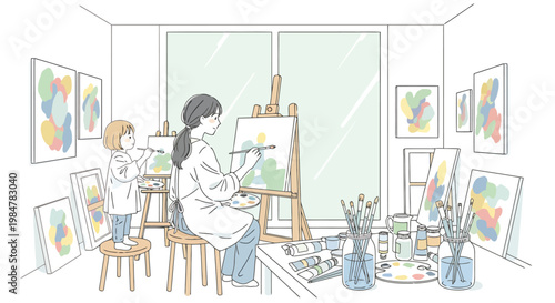 Artistic creation unfolds as a parent and child collaborate on paintings within a light filled atelier surrounded by completed abstract artworks displayed on walls and easels fostering a