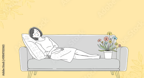 A peaceful woman rests comfortably on a soft couch with a potted plant nearby enjoying a moment of quiet relaxation and leisure time at home in a cozy living space