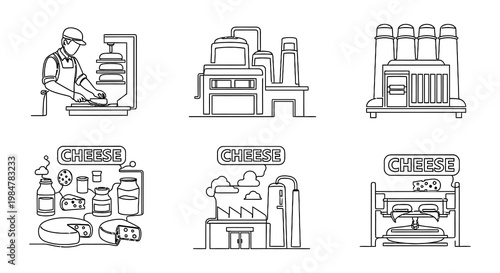 Line art illustration depicting various stages of cheese production and retail