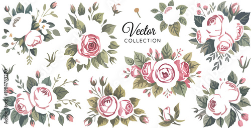 Elegant floral branch set with pink roses and green leaves, romantic wedding flowers arrangement for invitation cards and decorative vector design