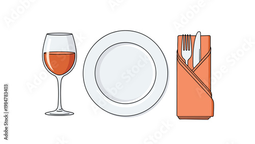 Simple table setting illustration featuring a glass of rose wine, a clean white plate, and a fork and knife in a napkin.