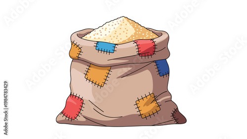 Large rustic sack full of grain or seeds featuring various colorful patches for a farm or village theme illustration.