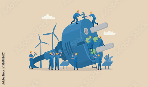 Sustainable energy, consumption electricity innovation to concept, miniature people to worker, technician fixing building electricity white background copy space