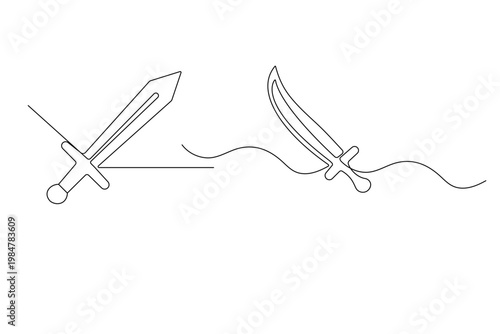  Minimalist single-line drawing of two different sword styles for logo or tattoo design