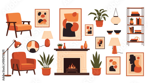 Extensive collection of mid-century modern interior design elements including armchairs, lamps, plants, and wall art.