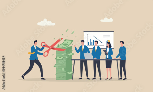 Cut bills reduce to expense, teams together cash flow concept, businessman using big scissors to cut pile of bills and expense