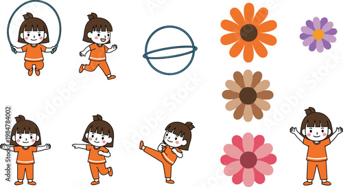 Cute Cartoon Girl Exercise and Jump Rope Activity with Colorful Flower Elements Vector Illustration Set for Kids Fitness and Playful Design