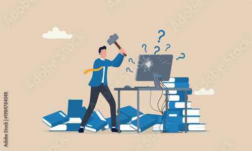Frustration lines and minimal shading mistake concept, frustrated businessman hitting to computer with hammer