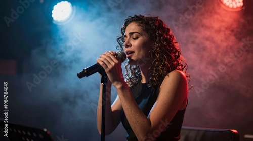Female Singer Performing Live on Stage with Dramatic Lighting