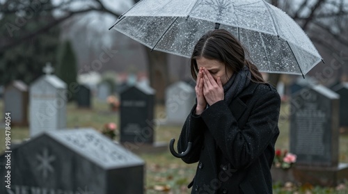 Woman with umbrella grieving at cemetery during rainy day