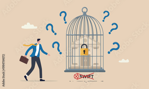 Financial from SWIFT international money transfer, lockdown bank transaction against Russian war concept, businessman look at bank building locked inside bird cage